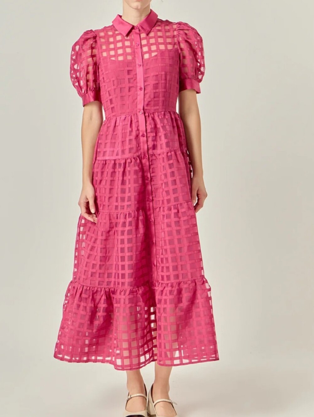 Shop The Mint Gridded Organza Tiered Maxi Dress - Pink